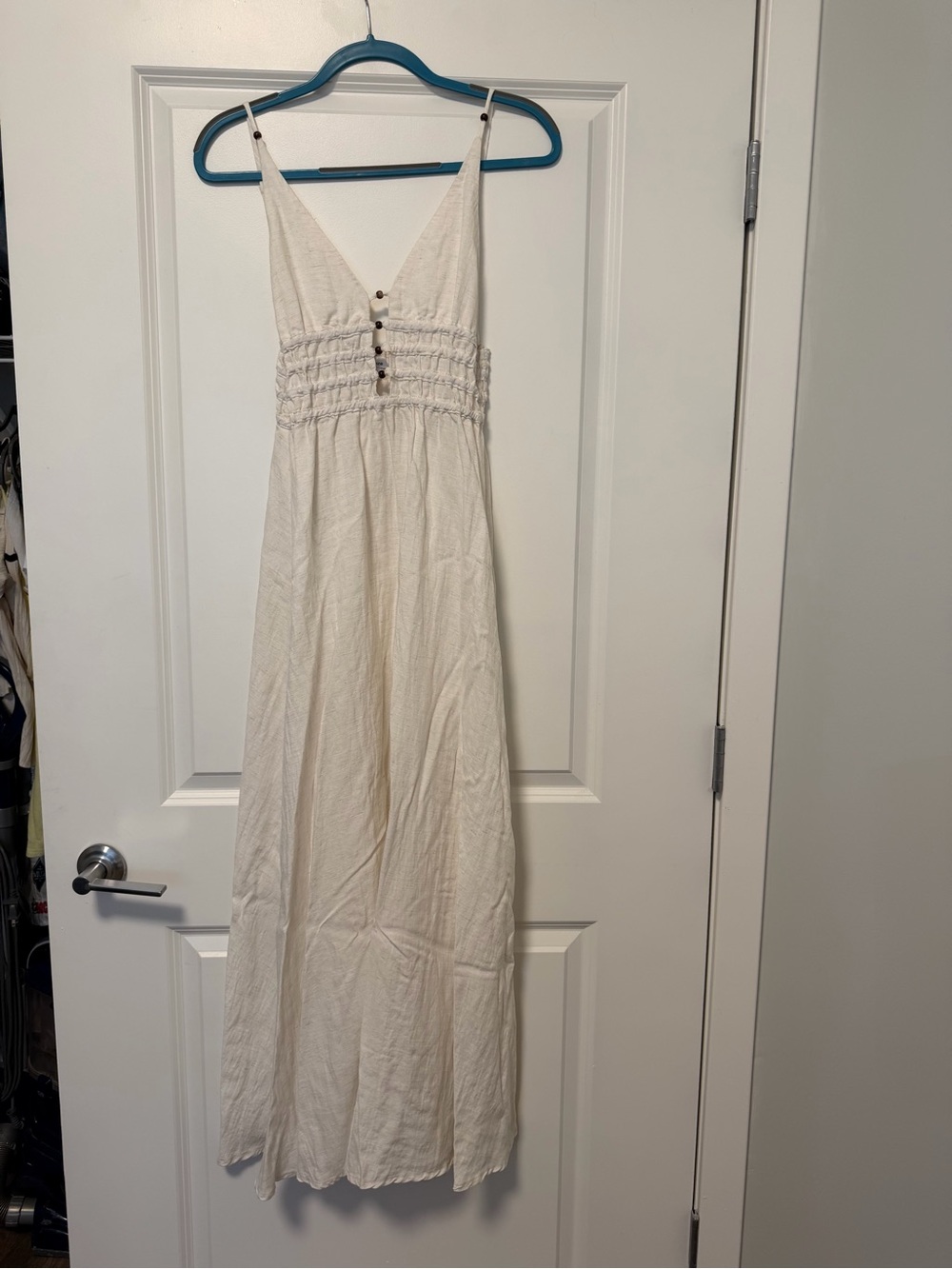 Elegant Cream Maxi Dress with Smocked Waist and Button Front
